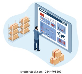 O controle de inventário é um processo abrangente que utiliza um sistema on-line para gerenciar mercadorias de entrada e saída. Trabalhador profissional está verificando bens e estoque suprimento.