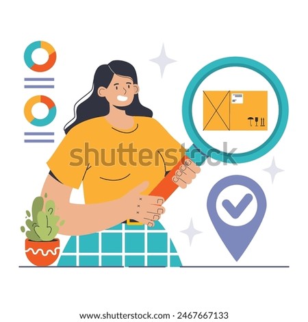 Inventory Control concept. Detailed scrutiny of goods with a magnifying glass to ensure quality and quantity in stock management. Effective asset tracking. Flat vector illustration