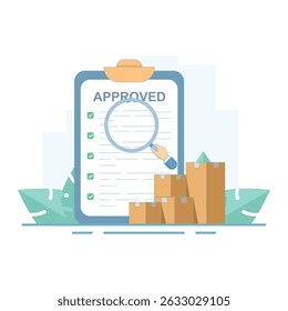 Inventory control concept, Warehouse in and out goods management, Logistics services, In and out goods delivery records, Warehouse goods management, Flat cartoon design illustration.