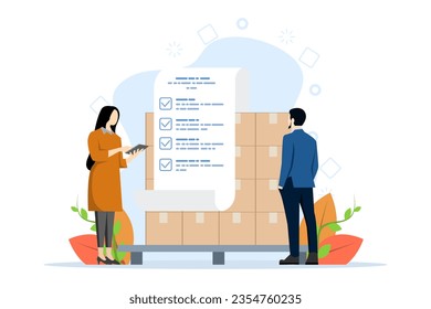 Inventory control illustration concept. warehouse management, organize and record incoming and outgoing goods. Illustration for website, landing page, mobile app, poster and banner.