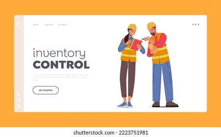 Inventory Control Landing Page Template. Characters Wear Hardhat with Clipboard. Warehouse Employees, Engineer, Architect or Constructor Man and Woman Working on Project. Cartoon Vector Illustration