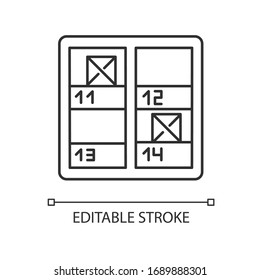 Inventory control pixel perfect linear icon. Stock checking. Stocktaking, supply chain management. Thin line customizable illustration. Contour symbol. Vector isolated outline drawing. Editable stroke
