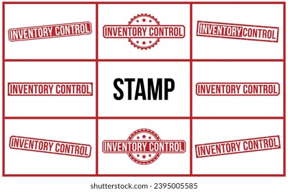 Sello de goma roja del control de inventario sobre fondo blanco. Signo de marca de control de inventario.