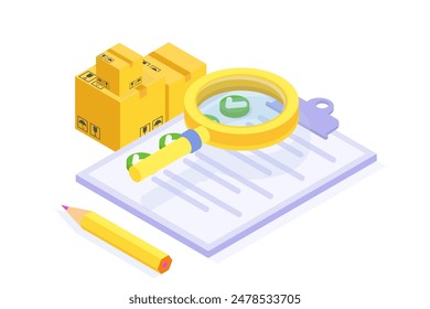 Inventory control system, check inventories before shipping concept. Isometric Vector illustration.