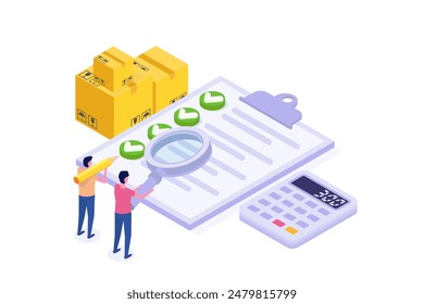 Inventory control system, check inventories before shipping concept. Isometric Vector illustration.