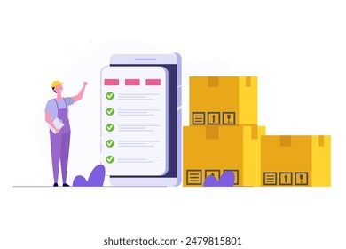 Inventory control system, check inventories before shipping concept. Vector illustration.
