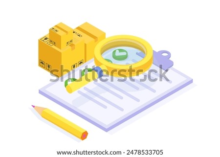 Inventory control system, check inventories before shipping concept. Isometric Vector illustration.