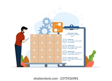 Concepto de sistema de control de inventarios, control de existencias por el gestor profesional, gestión de inventarios con solicitud de mercancías. control de las mercancías entrantes y salientes. Ilustración vectorial plana.