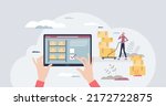Inventory control and warehouse products remain check tiny person concept. Logistics management or distribution system with wireless software for boxes delivery vector illustration. Package inspection