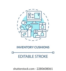 Inventory cushions turquoise concept icon. Parts storage. Key supply chain strategy abstract idea thin line illustration. Isolated outline drawing. Editable stroke. Arial, Myriad Pro-Bold fonts used