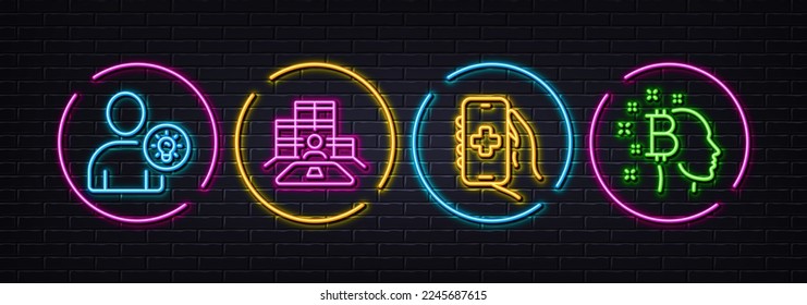 Inventory, Health app and User idea minimal line icons. Neon laser 3d lights. Bitcoin think icons. For web, application, printing. Goods operator, Healthcare phone, Light bulb. Vector
