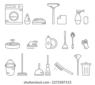 Inventory and household appliances for cleaning indoors and outdoors. Vector. A simple set of icons in an editable stroke on the theme of cleaning