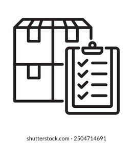 Inventory icon. Parcel box with list on clipboard. Outline style. Vector. Isolate on white background.