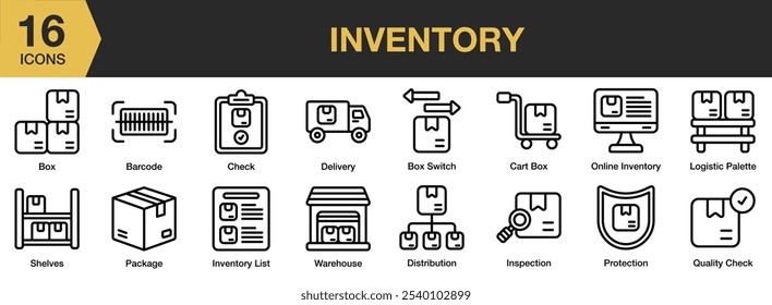 Conjunto de ícones do inventário. Inclui código de barras, switch de caixa, carrinho, cheque, entrega, distribuição e muito mais. Contornar coleção de vetores de ícones.