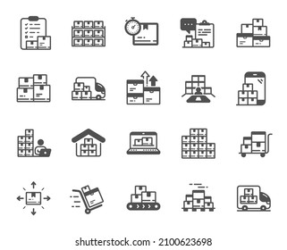 Inventory icons. Warehouse manager, Wholesale stock, Goods checklist. Delivery logistic, Box shelf, Warehouse distribution simple icons. Wholesale freight, Storage and Inventory operator. Vector