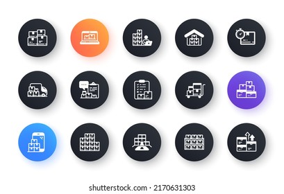 Inventory icons. Warehouse manager, Wholesale stock, Goods checklist. Delivery logistic, Box shelf, Warehouse distribution outicons. Wholesale freight, Storage and Inventory operator. Vector