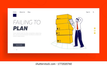Inventory Landing Page Template. Manager Male Character Working in Warehouse with Boxes Checking List of Goods for Distribution. Logistic, Freight Accounting and Management. Linear Vector Illustration