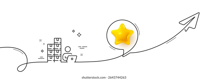 Inventory line icon. Continuous line with share plane. Warehouse manager sign. Wholesale operator symbol. 3d star in speech bubble. Inventory single line ribbon. Loop curve pattern. Vector