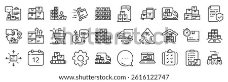 Inventory line icons. Settings gear, Message, Inflation icons. Warehouse manager, Wholesale stock, Goods checklist. Delivery logistic, Box shelf, Warehouse distribution outline icons. Vector