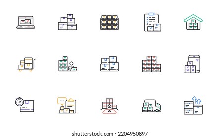 Inventory line icons. Warehouse manager, Wholesale stock, Goods checklist. Delivery logistic, Box shelf, Warehouse distribution outline icons. Wholesale freight, Storage and Inventory operator. Vector