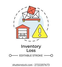 Ícone de conceito de várias cores de perda de estoque. Problemas logísticos, cadeia de suprimentos. Transporte de depósito. Ilustração de linha de forma redonda. Ideia abstrata. Design gráfico. Fácil de usar no artigo, infográfico