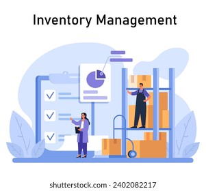 Inventory Management concept. Diligent organization and tracking of goods in a warehouse setting, showcasing systematic stock control. Flat vector illustration