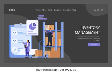 Inventory Management concept. Diligent organization and tracking of goods in a warehouse setting, showcasing systematic stock control. Flat vector illustration