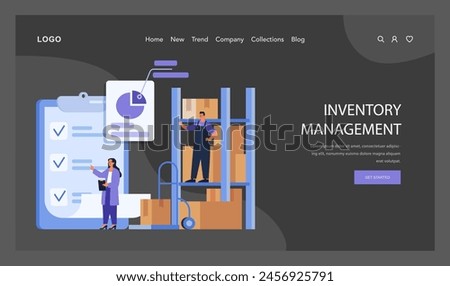 Inventory Management concept. Diligent organization and tracking of goods in a warehouse setting, showcasing systematic stock control. Flat vector illustration