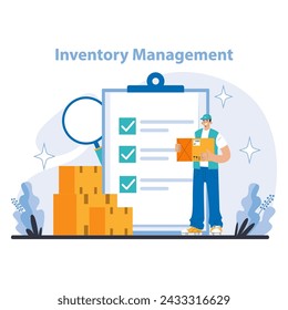 Inventory management concept. Illustrating meticulous inventory management and verification. Organized stock taking and data accuracy. Showcasing systematic warehouse operations. Vector illustration.