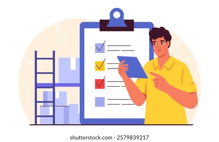 Inventory management concept. Man with clipboard near shelves with cardboard boxes. Shipping and distribution, logistics. Courier with parcels and goods. Flat vector illustration