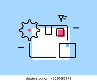 um conceito de gerenciamento de inventário. gerenciamento ou organização de suprimentos e recursos. ilustração de um símbolo de papelão ou caixa com engrenagens. vermelho azul branco cores. esboço design de estilo plano. fundo azul