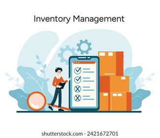 Inventory Management concept. Organized stock control and efficient resource tracking for streamlined operations. Reduced procurement costs. Flat vector illustration