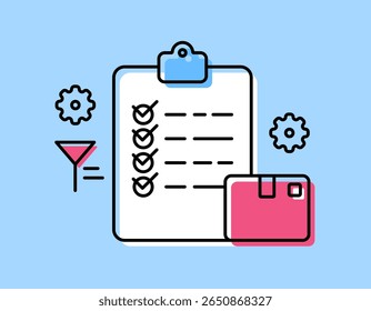 conceito de gerenciamento de inventário. classificação de inventário. gerenciamento de inventário, aquisição e registro de inventário. caixa, área de transferência e ilustração de símbolo de engrenagem. design em forma de esboço plano. elementos de ativo