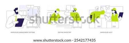 Inventory management and control abstract concept vector illustration set. Warehouse management systems, sorting inventory, warehouse audit, worldwide transportation logistics abstract metaphor.