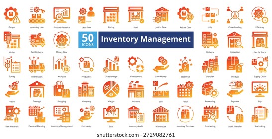 O estilo de gradiente de glifo de gerenciamento de inventário contém 50 ícones, incluindo fornecedor, produto, cadeia de suprimentos, valor, dano, compras, empresa, margem, indústria, lifo