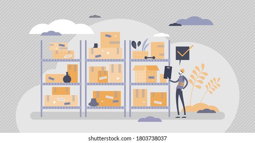 Inventory Management With Goods Demand And Stock Supply Planning Tiny Persons Concept. Distribution And Shipping Production Resources From Storage And Warehouse To Retail Store Vector Illustration.