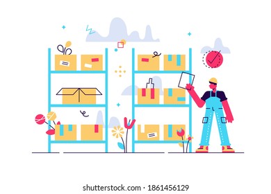 Inventory management with goods demand and stock supply planning tiny persons concept. Distribution and shipping production resources from storage and warehouse to retail store vector illustration.