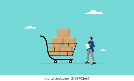 Inventory Management With Goods Demand And Stock Supply Planning, businessman checks shopping basket containing cardboard boxes to stock production materials, check inventory concept illustration