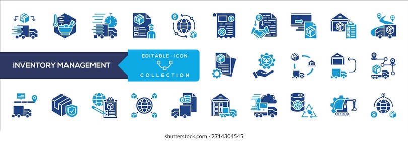 Colección de iconos de gestión de inventario. Que contiene mensajería urgente, agente de aduanas, libre comercio, clasificación arancelaria, Acuerdo comercial, documentación de exportación