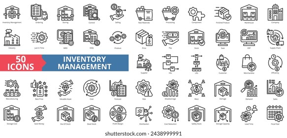 Inventory management icon collection set. Containing warehouse, company, industry, supply chain, storage, manufacturing, component icon. Simple line vector illustration.