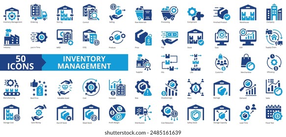 Inventory management icon collection set. Containing warehouse, company, industry, supply chain, storage, manufacturing, component icon. Simple flat vector illustration.