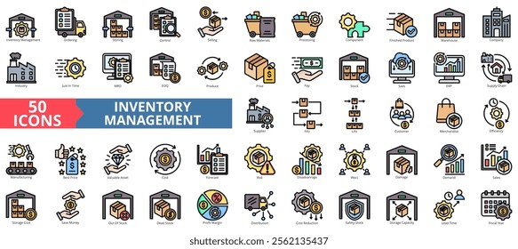 Inventory management icon collection set. Containing warehouse, company, industry, supply chain, storage, manufacturing, component icon. Simple flat vector illustration