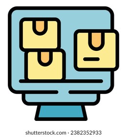 Vector de esquema de icono de administración de inventario. Control digital. Color plano del sistema de producto