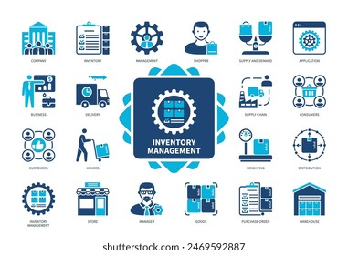 Inventory Management icon set. Company, Application, Distribution, Warehouse, Delivery, Purchase Order, Goods, Shopper. Duotone color solid icons