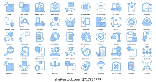 Inventory Management icon set. Containing distribution, logistic, product, , plan, efficiency, report, optimization, integrity, cargo icon. Lineal Blue style