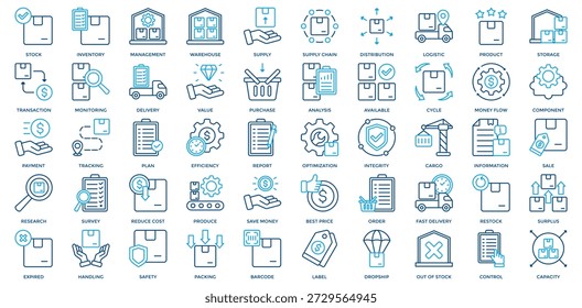 Conjunto de ícones do Inventory Management. Contendo ícone de distribuição, logística, produto, plano, eficiência, relatório, otimização, integridade, carga. Estilo de Cor da Contorno