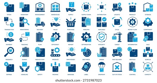 Conjunto de ícones do Inventory Management. Contendo ícone de distribuição, logística, produto, plano, eficiência, relatório, otimização, integridade, carga. Estilo de tom duplo