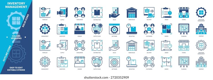 Conjunto de ícones do Inventory Management. Previsão, Suprimento, Distribuição, Depósito, Distribuição, Ordem, Mercadorias, Planejamento. Ícones de contorno sólido e editável de cor duotônica
