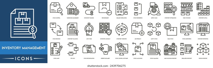 Inventory Management icon. Stock Control, Warehouse Management, Inventory Tracking, Replenishment, Demand Forecasting, Stock Reordering, Supply Chain and Inventory Optimization icon set.