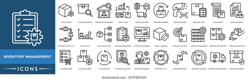 Inventory Management icon. Stock Control, Inventory Tracker, Warehouse Management, Supply Chain and Order Fulfillment